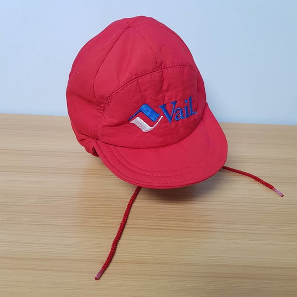 Vail Colorado Ski Resort Trapper‎ Red Winter Draw String Cap Hat 80s Korea - Picture 1 of 6
